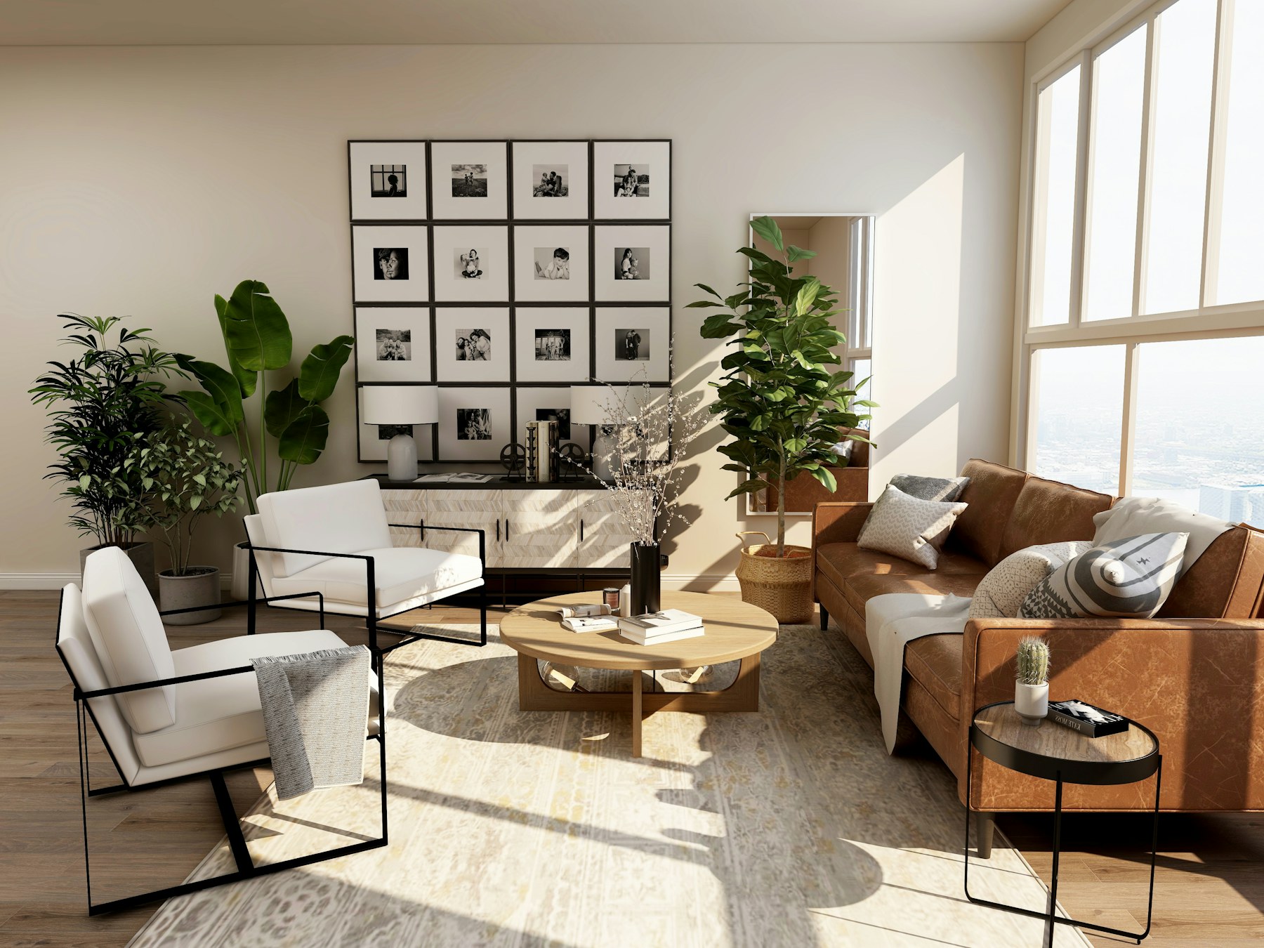 Framed landscape print in a warm interior