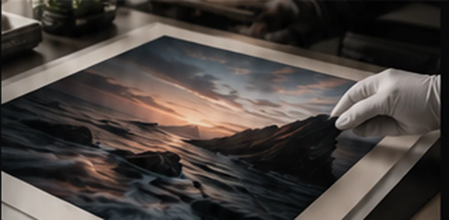Fine art landscape print being prepared by a print lab